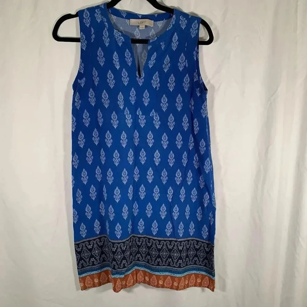 Loft Mini Dress Women's Small Petite Blue Printed Sleeveless V-neck No Belt